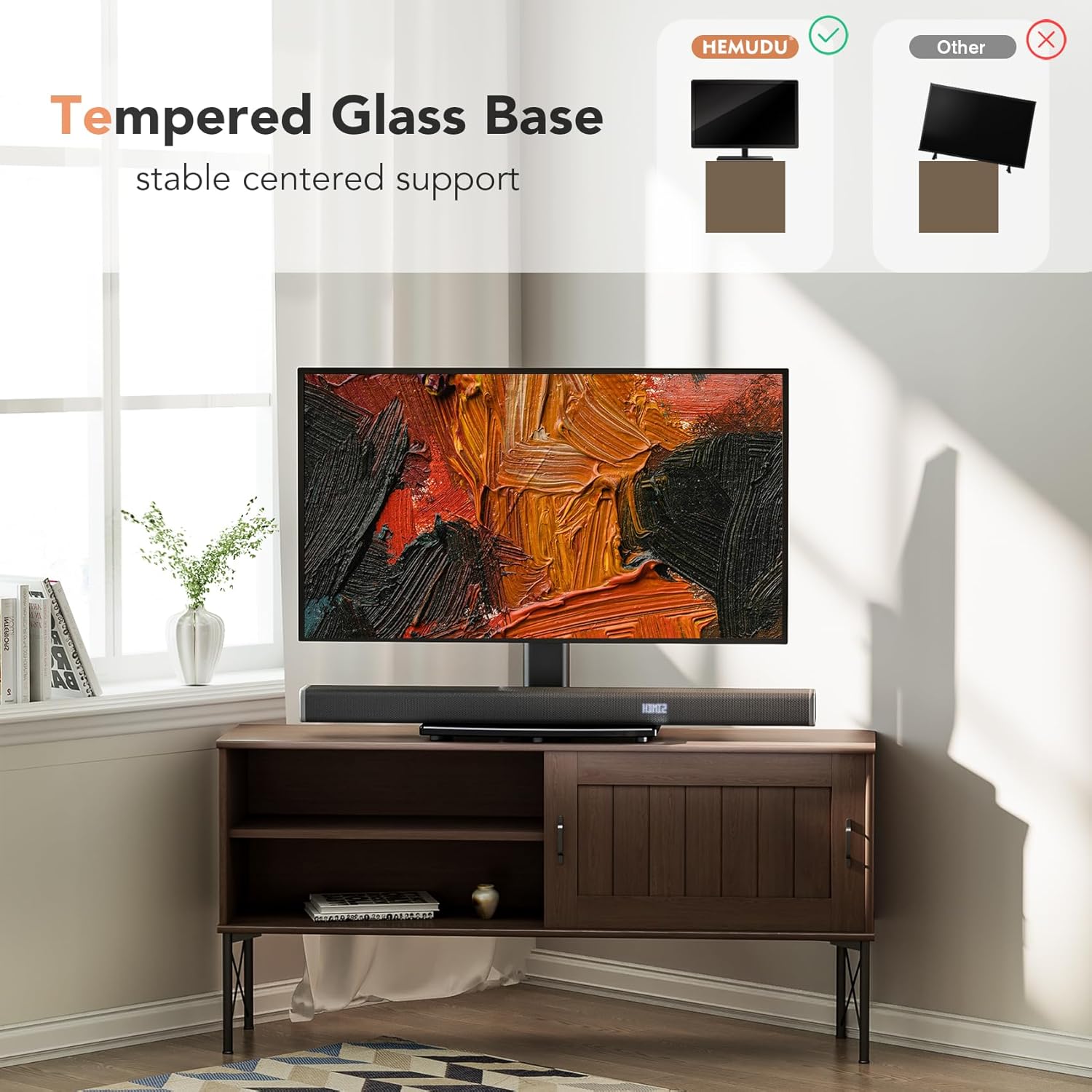 Universal Swivel TV/Table Top TV Stand for 19 to 43 inch TVs with 90 Degree Swivel, 4 Level Height Adjustable, Heavy Duty Tempered Glass Base, Holds up to 99LBS HT02B-001