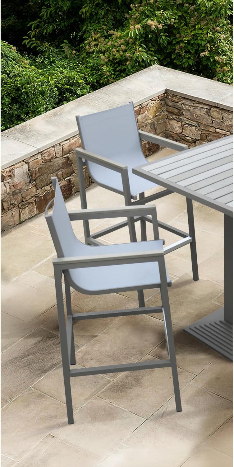 Marina Outdoor Patio in Gray Powder Coated Finish with Sling Textilene and Wood Accent Arms - Aluminium Lightweight Aluminum Frame Arm Accents Porch Weather