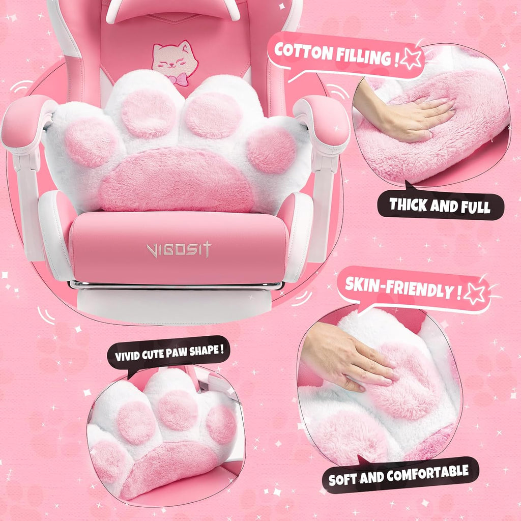 Vigosit Cat Ears Gaming Chair - Pink PU Leather Ergonomic Reclining Office Chair with Footrest, 310lb Capacity, 6-Position Recline, 360° Swivel