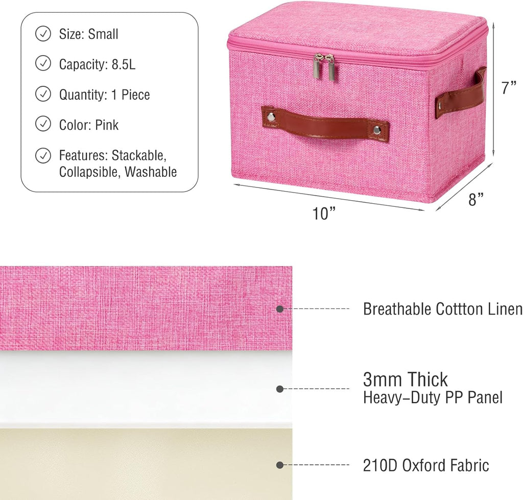 Storage Bin Box with Zippered Lid Cotton Linen Fabric Decorative Basket with PU Leather Handles PP Plastic Board Foldable Lidded Clothing Shelf Closet Organizer Container (Pink, Small)