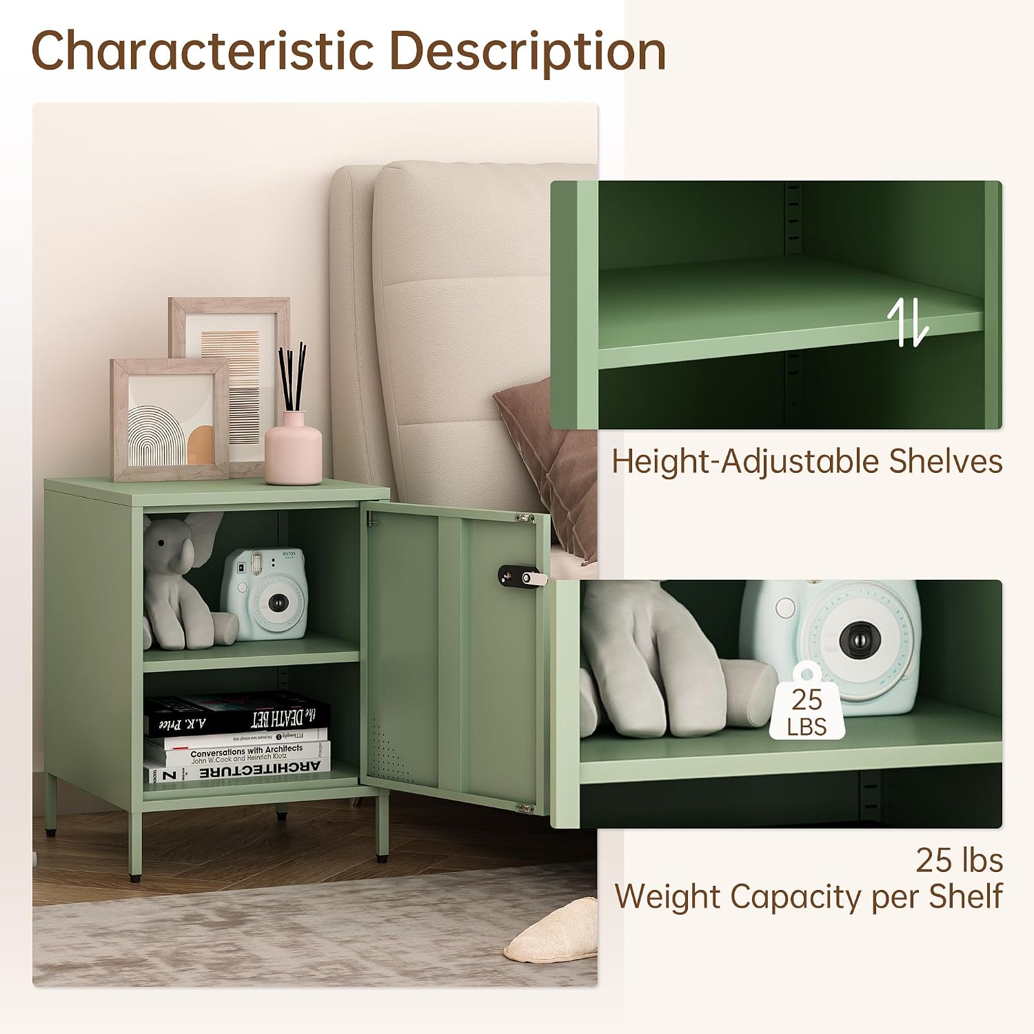 Steehoom Locker Nightstand Metal End Table Single Door Bedside Cabinet Lockable Storage Cabinet for Living Room, Bedroom, Dorm,Home, Office 21.26”H X 15.75”W X 15.75”D (1 Door, Green)