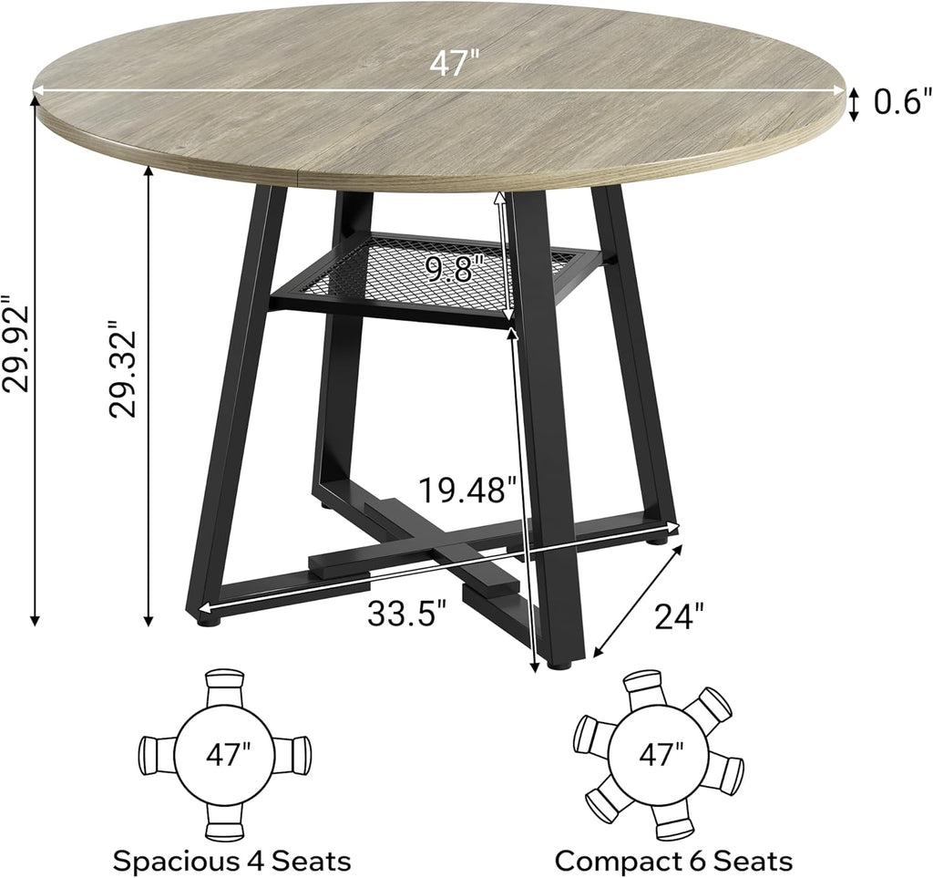 Dining Table Set for 4,Round Storage Kitchen Table and Chairs for 4,5 Piece 47Inch Circle Table Faux Leather Dining Room Chiars Set for Kitchen,Dining Room,Dinette（Grey Table,Brown Chairs）