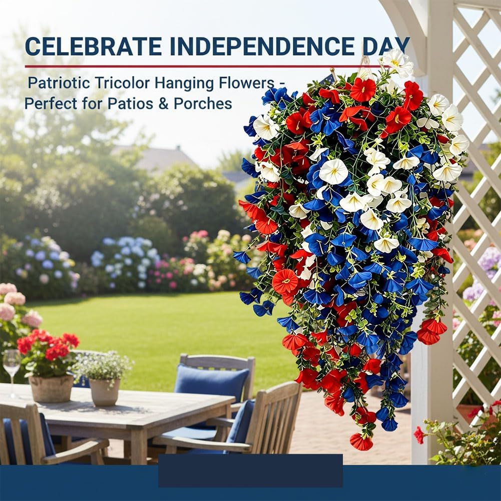 Red White and Blue Hanging Flowers for Outdoors, 4th of July Decoration Tricolor Patriotic Artificial Flower, Patriotic Artificial Flowers for Independence Day Decor, Celebration-Ready (2pcs)