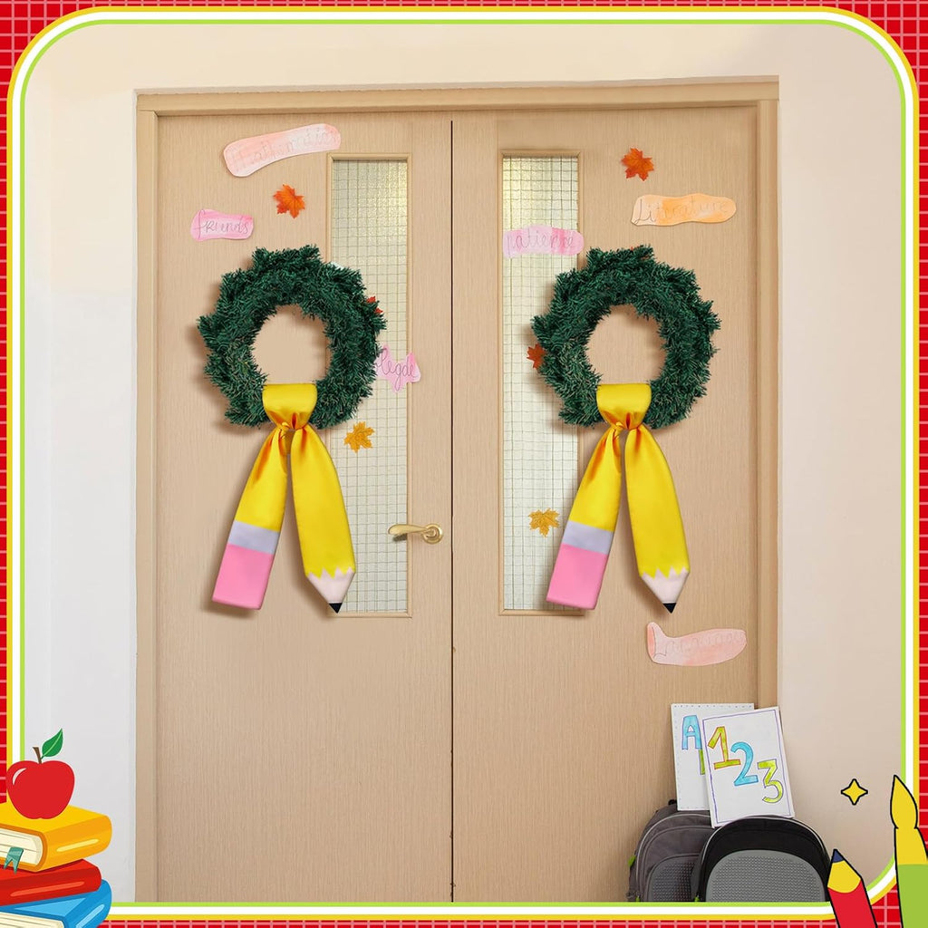Back to School Pencil Wreath Sash for Front Door Yellow Teacher Appreciation Door Pencil Monogram Satin Wreath Sash for Party Supplies