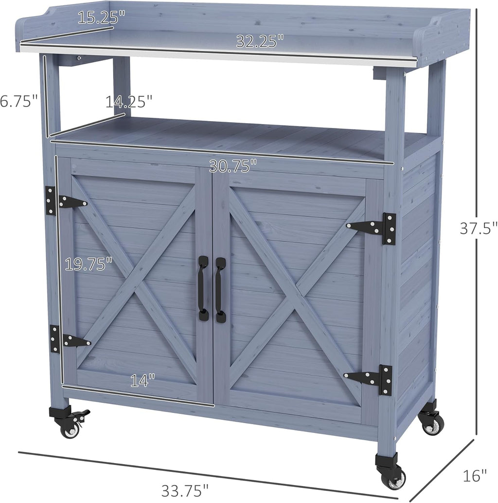 34" Rustic Freestanding Storage Chest, Accent Cabinets with Rubber Wheels, Utility Organizer with Aluminum Table Top for Patio, Gray