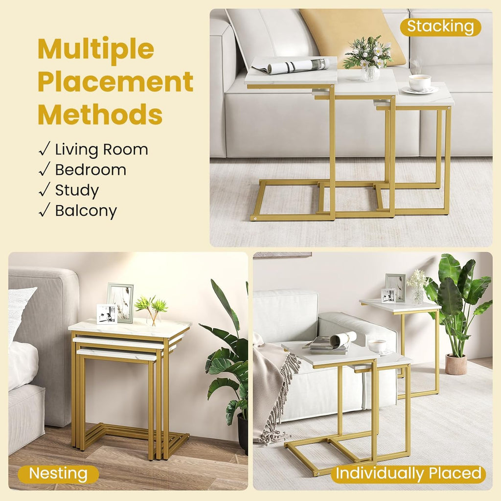 GOFLAME Nesting Coffee Tables Set of 3, Rectangular Nesting Center Table with Faux Marble Top & Metal Frame, Modern C-Shaped Nested Side Table Set for Living Room, Bedroom, Gold & White