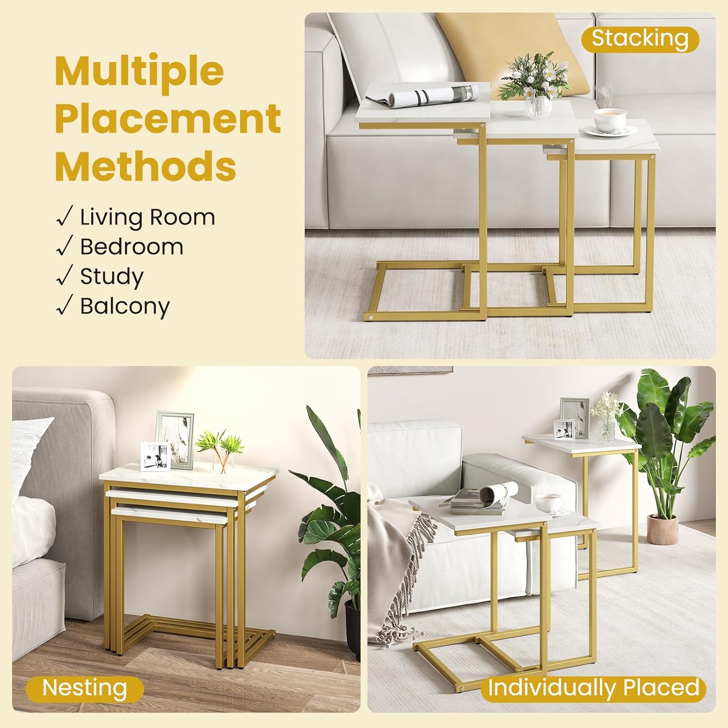 GOFLAME Nesting Coffee Tables Set of 3, Rectangular Nesting Center Table with Faux Marble Top & Metal Frame, Modern C-Shaped Nested Side Table Set for Living Room, Bedroom, Gold & White