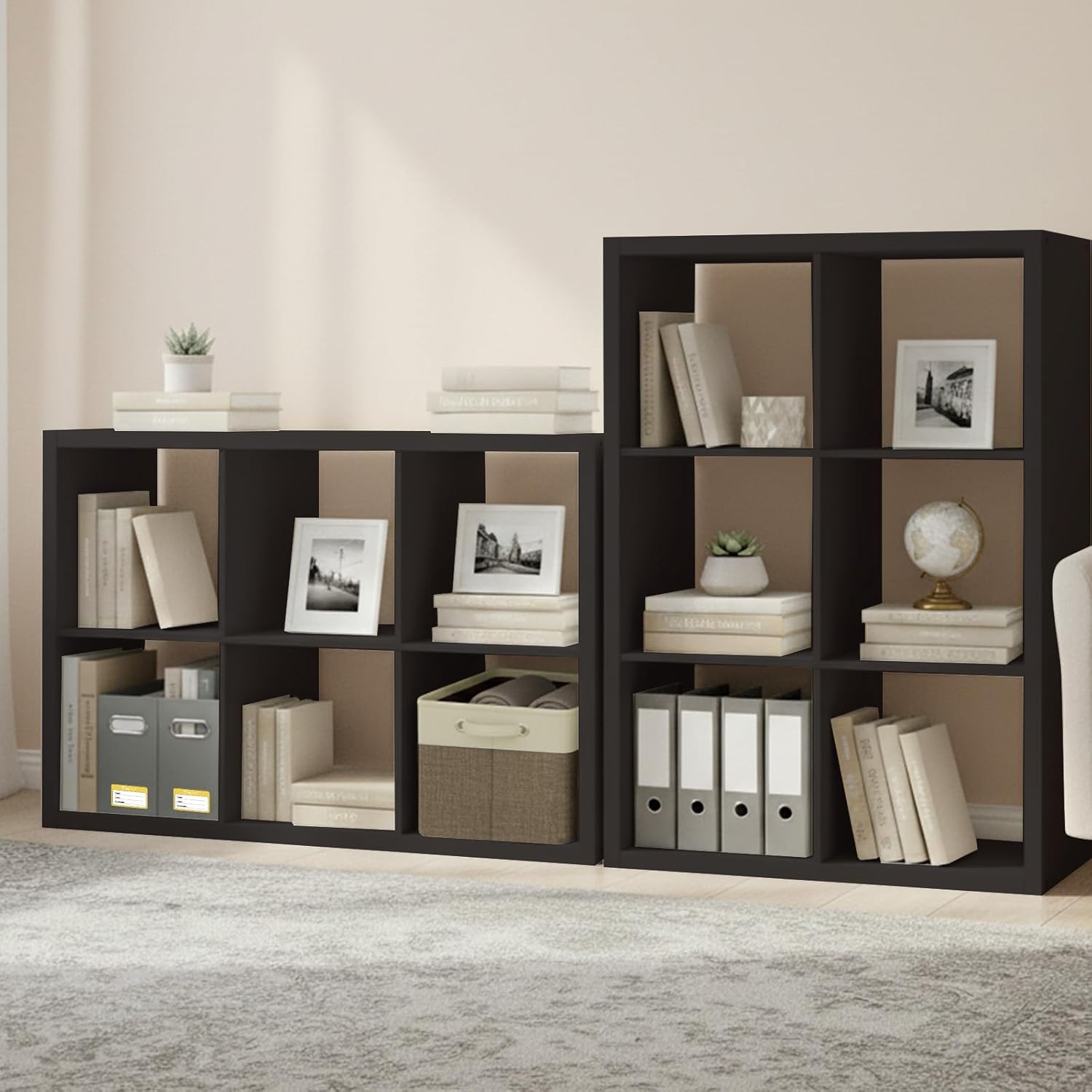 BALEINE Book Shelf, 1.2" Extra Thick Frame Bookshelf, Reversible 6-Cube Storage Organizer with Open Back, 14.6" x 43.8" x 30", for Living Room, Bedroom, Home Office (Black Dark Oak)