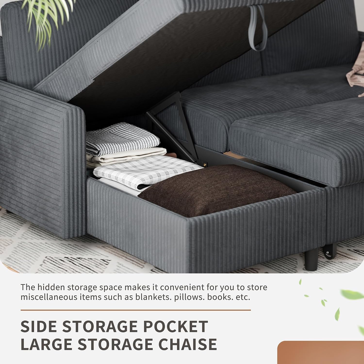 Walsunny 77" Sectional Sleeper Sofa with Pull Out Bed, Modern L-Shaped Corduroy Convertible Couch with Storage Chaise, Reversible Sofa Bed for Small Spaces, Apartment, Office, Dark Grey