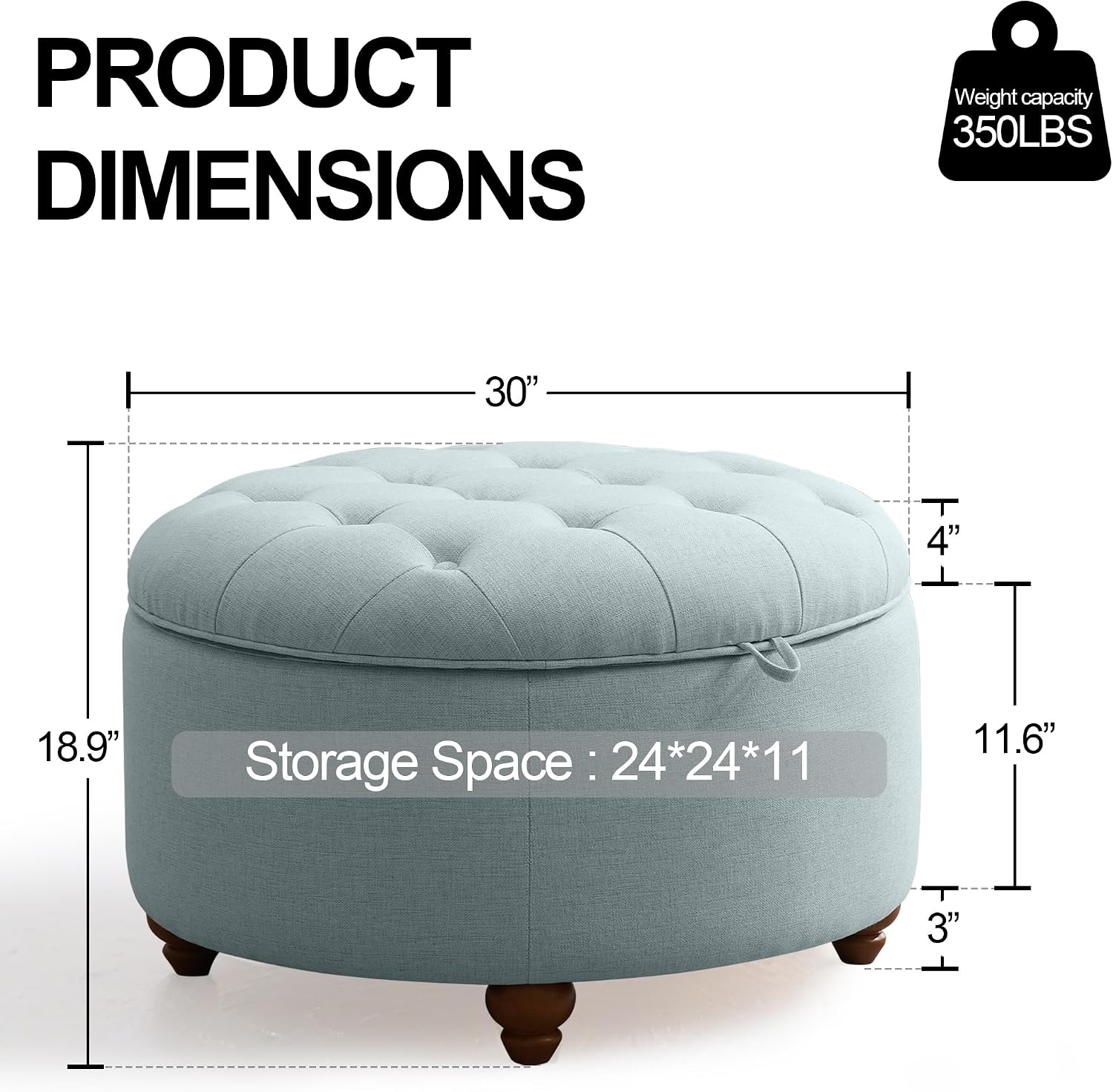 30'' Round Ottoman Coffee Table with Storage, Upholstered Tufted Ottoman with Flip Tray, Solid Wood Legs for Living Room, Bedroom, Blue