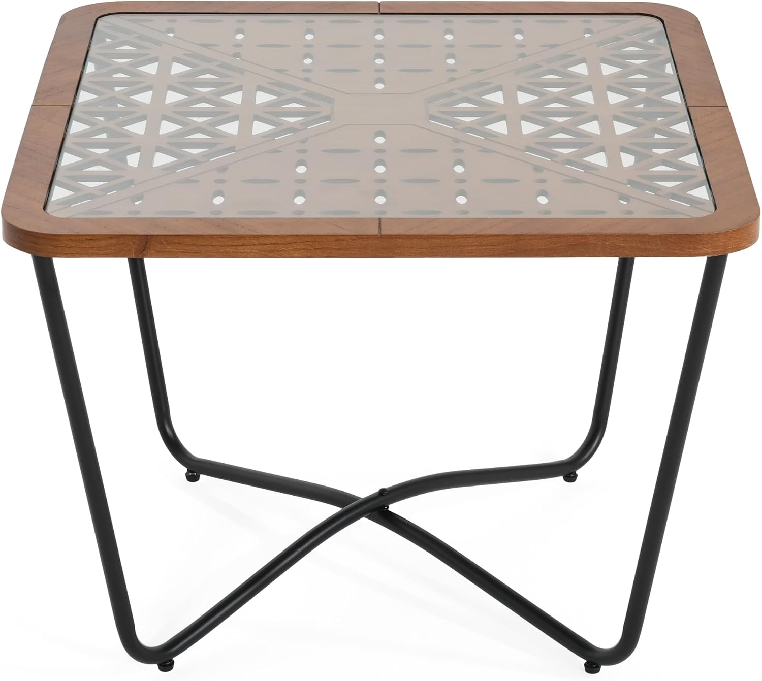 Christopher Knight Home Lyle Industrial Coffee Table with Geometric Glass Top, 23.6" Square Modern Accent End Sofa Side Table for Living Room, Black Finish with Rustic Wood Edge, Brown+Black