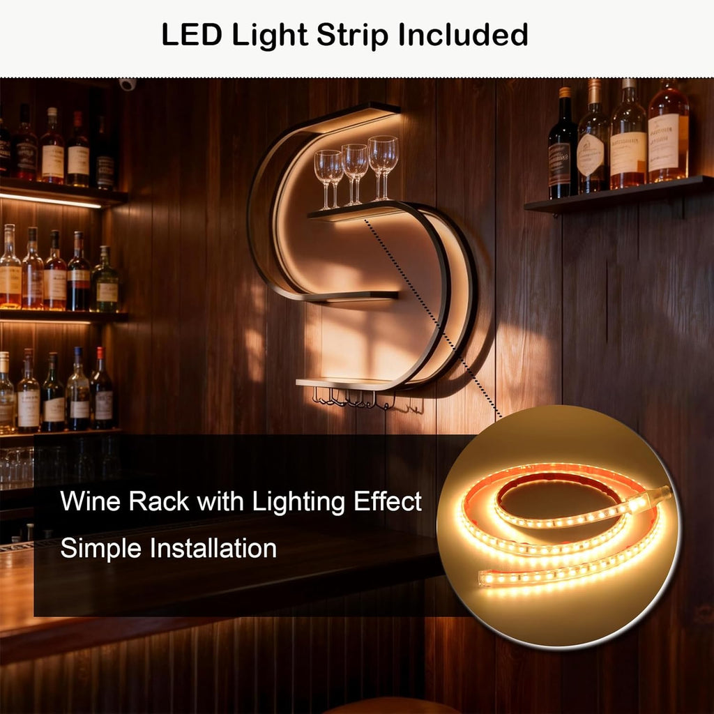 47.24in Wall Mounted Wine Rack, with LED Light Half Round Multi-Tier Iron Wine Bottle Display Rack with Wine Glass Hooks, for Kitchen, Bar, Cafe (Black,47.24 * 7.87 * 47.24INCHES)