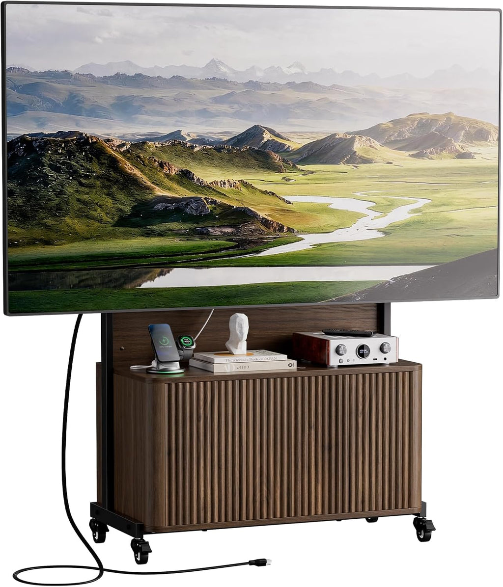 Planimetry Rolling TV Stand with Mount for 32-75 Inch TVs, Height Adjustable Mobile TV Stand with Lockable Wheels, Fluted Cabinet Entertainment Center with Power Outlet & Storage, Walnut