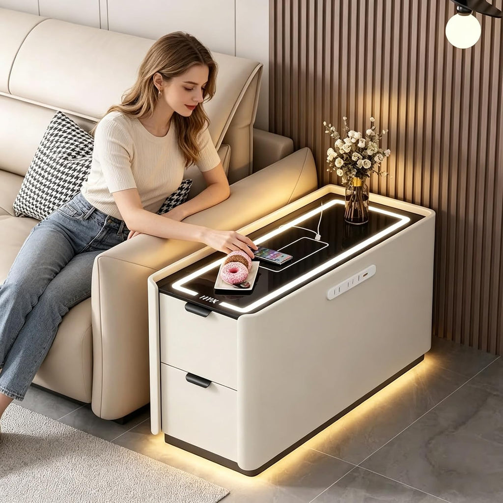 Smart Sofa Side Table with USB Charging Ports, 2 Drawers Storage, Tempered Glass Top, Modern Bedside Nightstand for Bedroom Living Room(Green,90x40cm/31.5x15.7in)