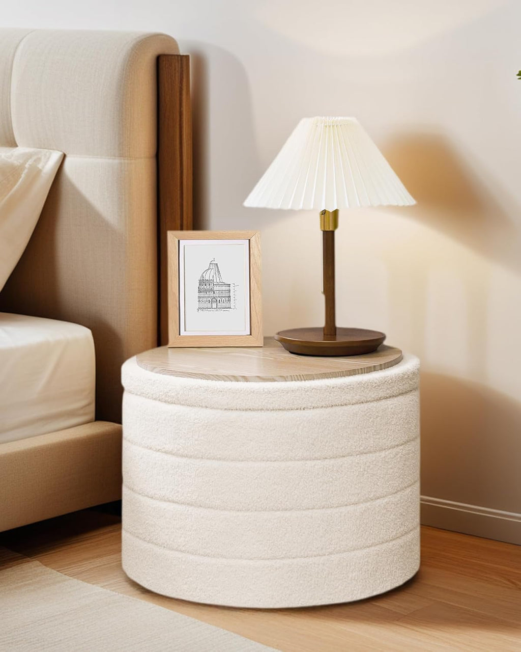 22 Inch Round Boucle Ottoman with Storage, Sherpa Teddy Fabric Ottoman Footstool, Folding Storage Foot Rest for Bedroom, Living Room Dorm, White