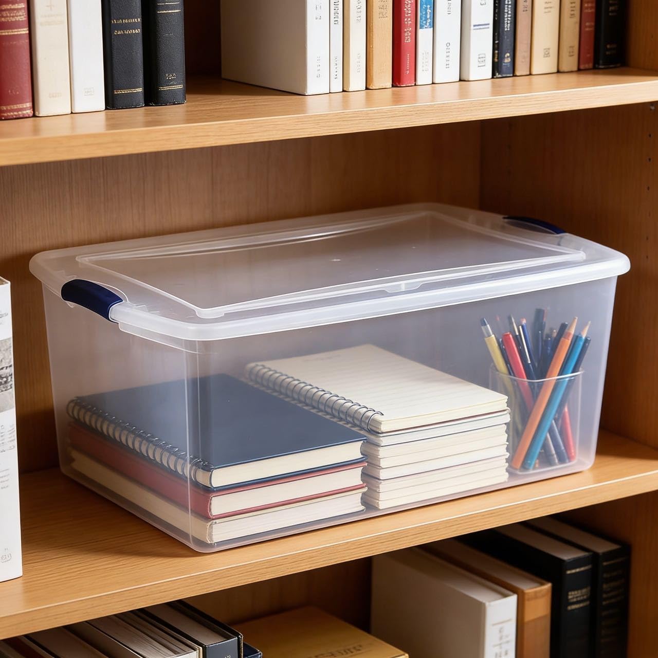 105-quart clear plastic storage box with lid, blue. Pack of 2