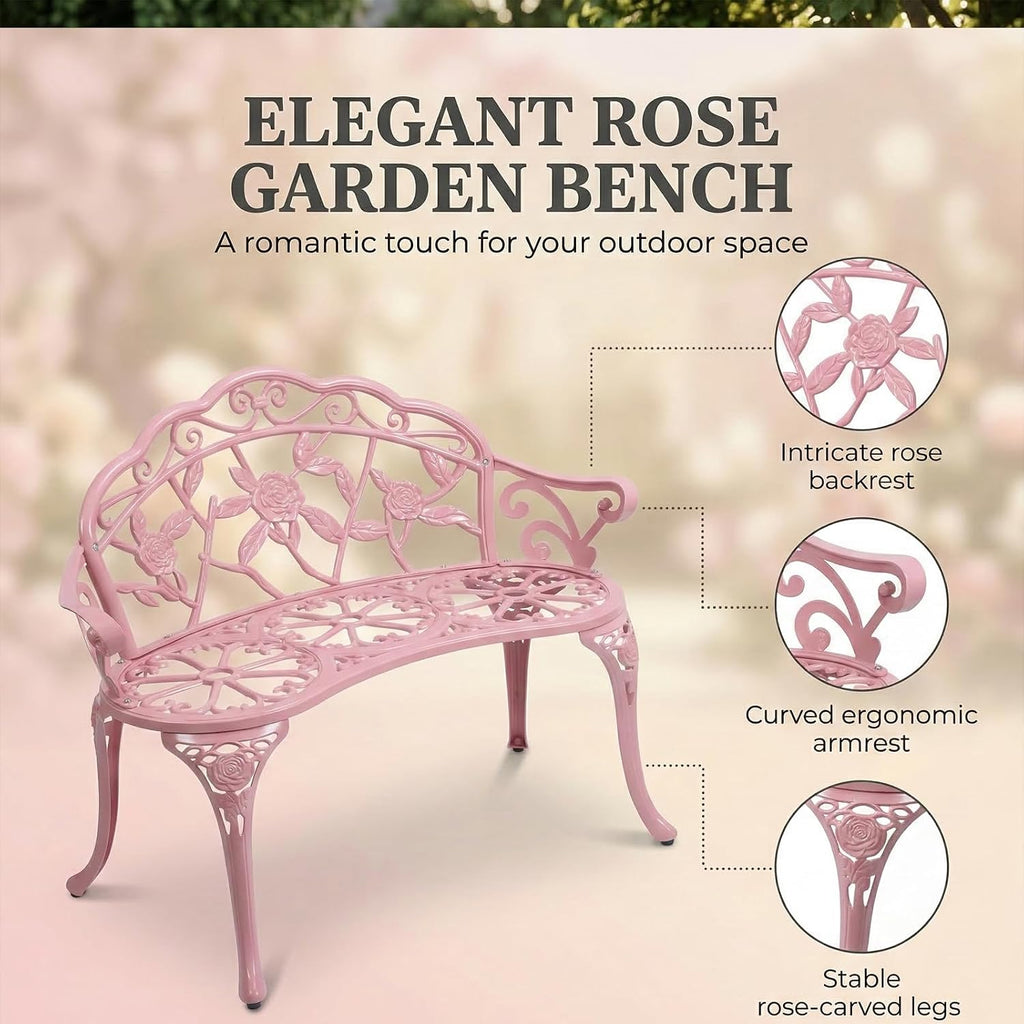 Cast Aluminium Outdoor Bench, Rose Garden Bench for Patio,Park,Lawn,Yard (Pink)