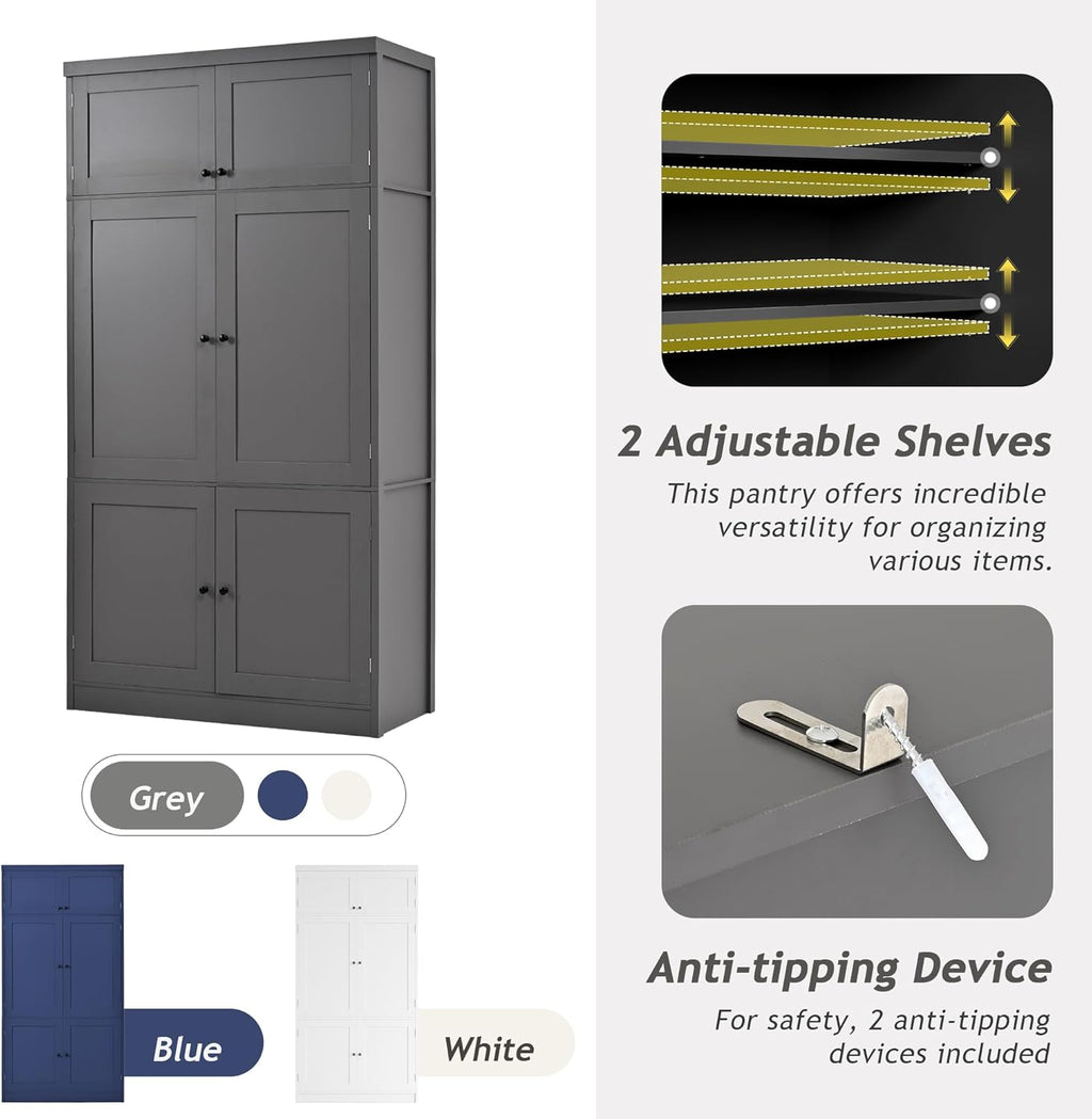 Ball & Cast 80″Tall Freestanding Kitchen Pantry Cabinet with 2 Power Outlets & 3 Large Drawers,41" W Versatile Farmhouse Pantry Storage Cabinet w/Adjustable Shelves and Door Shelves,for Kitchen, Grey