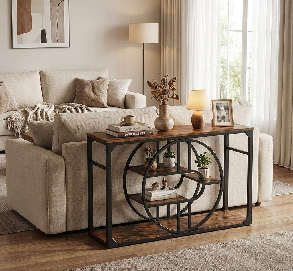 Garvee 55" Entryway Table, 5-Tier Console Tables for Entryway, Industrial Sofa Tables with Storage for Living Room, Entry Hallway Couch Entrance Table with o-Shaped Metal Frame & Storage Shelves