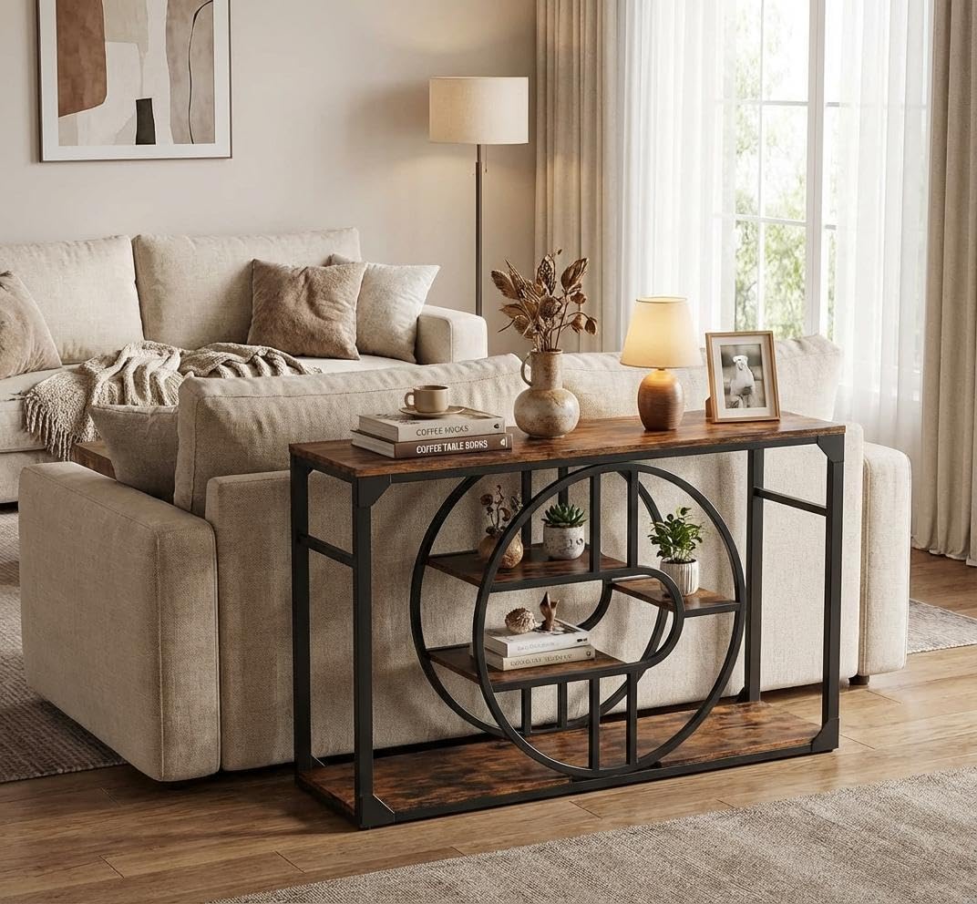 Garvee 55" Entryway Table, 5-Tier Console Tables for Entryway, Industrial Sofa Tables with Storage for Living Room, Entry Hallway Couch Entrance Table with o-Shaped Metal Frame & Storage Shelves