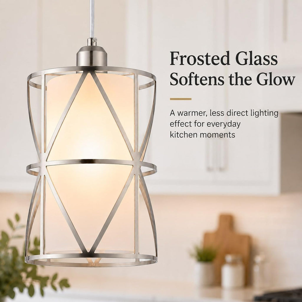 Pendant Lights Kitchen Island with Frosted Glass, Brushed Nickel Hanging Kitchen Lights, Cylindrical Modern Pendant Light, Kitchen Pendant Lighting Over Island, Foyer, Dining Room, Entryway