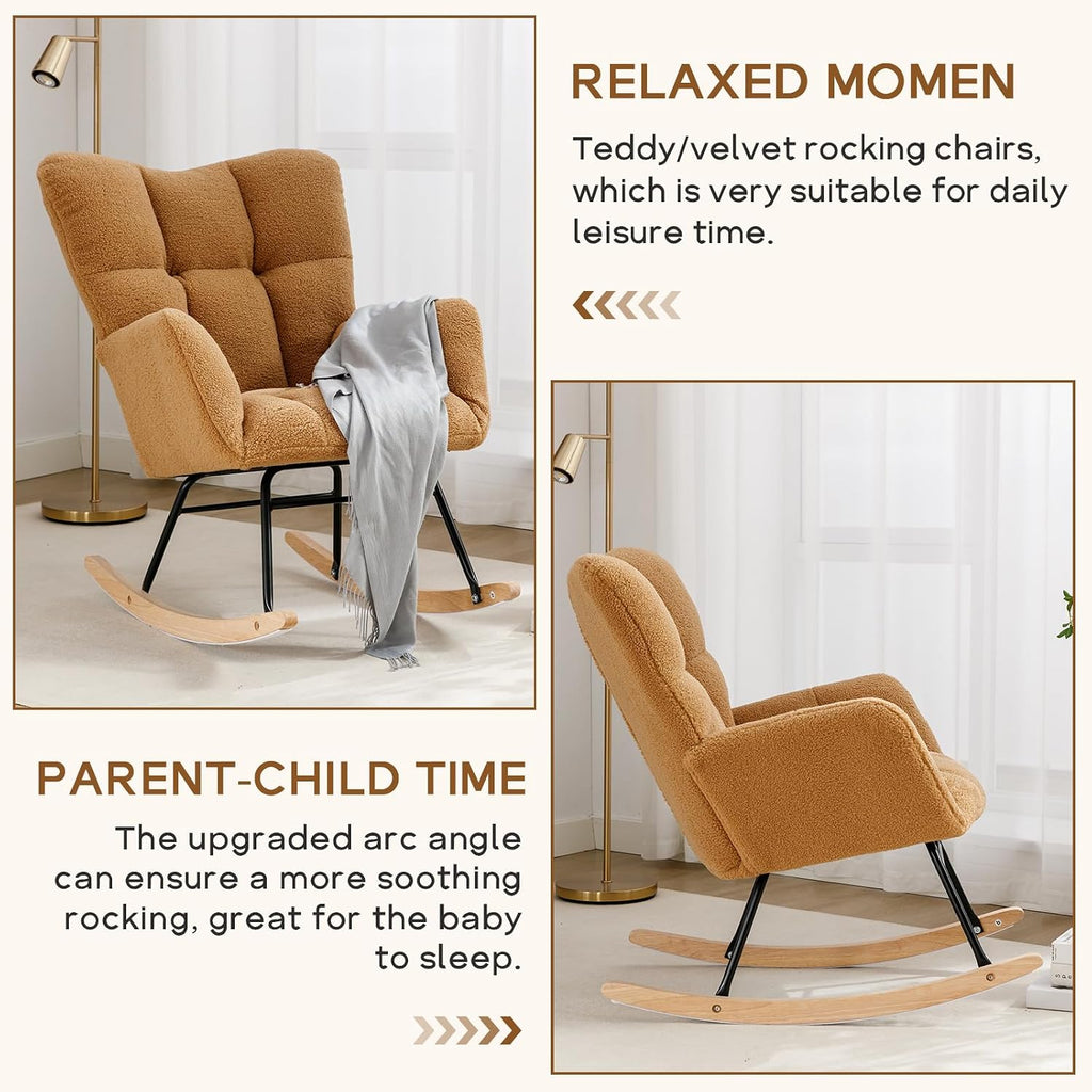 Modern Nursery Rocking Chair, Upholstered Glider Chair with High Backrest, Rocker Accent Armchair with Solid Wood Legs for Nursery Bedroom Living Room (Khaki Teddy)
