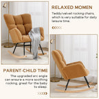 Modern Nursery Rocking Chair, Upholstered Glider Chair with High Backrest, Rocker Accent Armchair with Solid Wood Legs for Nursery Bedroom Living Room (Khaki Teddy)