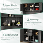 Farmhouse Kitchen Buffet Cabinet with Storage, Black Food Pantry Organizer with Wine Racks, Glass Shelves & Drawers for Dining Room