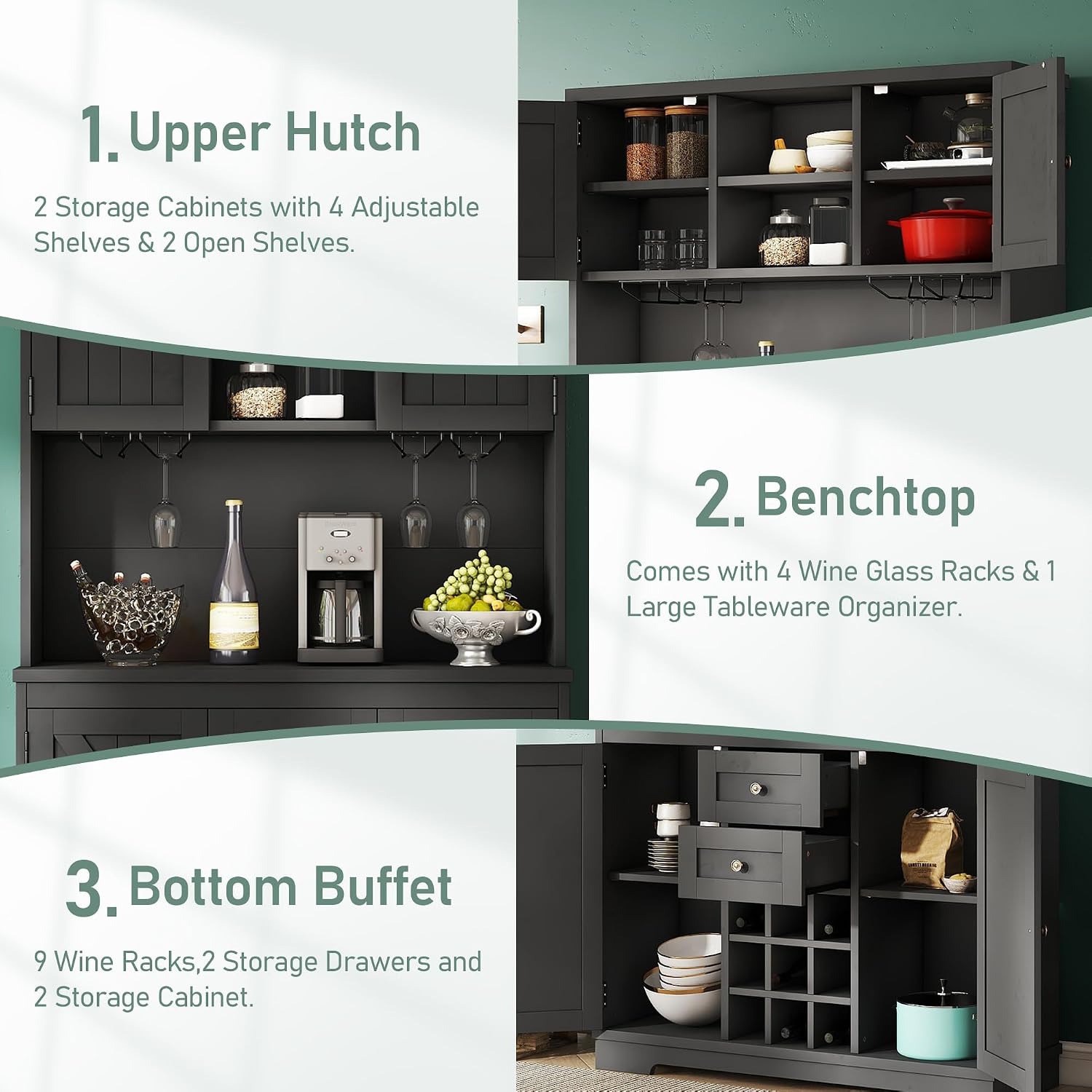 Farmhouse Kitchen Buffet Cabinet with Storage, Black Food Pantry Organizer with Wine Racks, Glass Shelves & Drawers for Dining Room