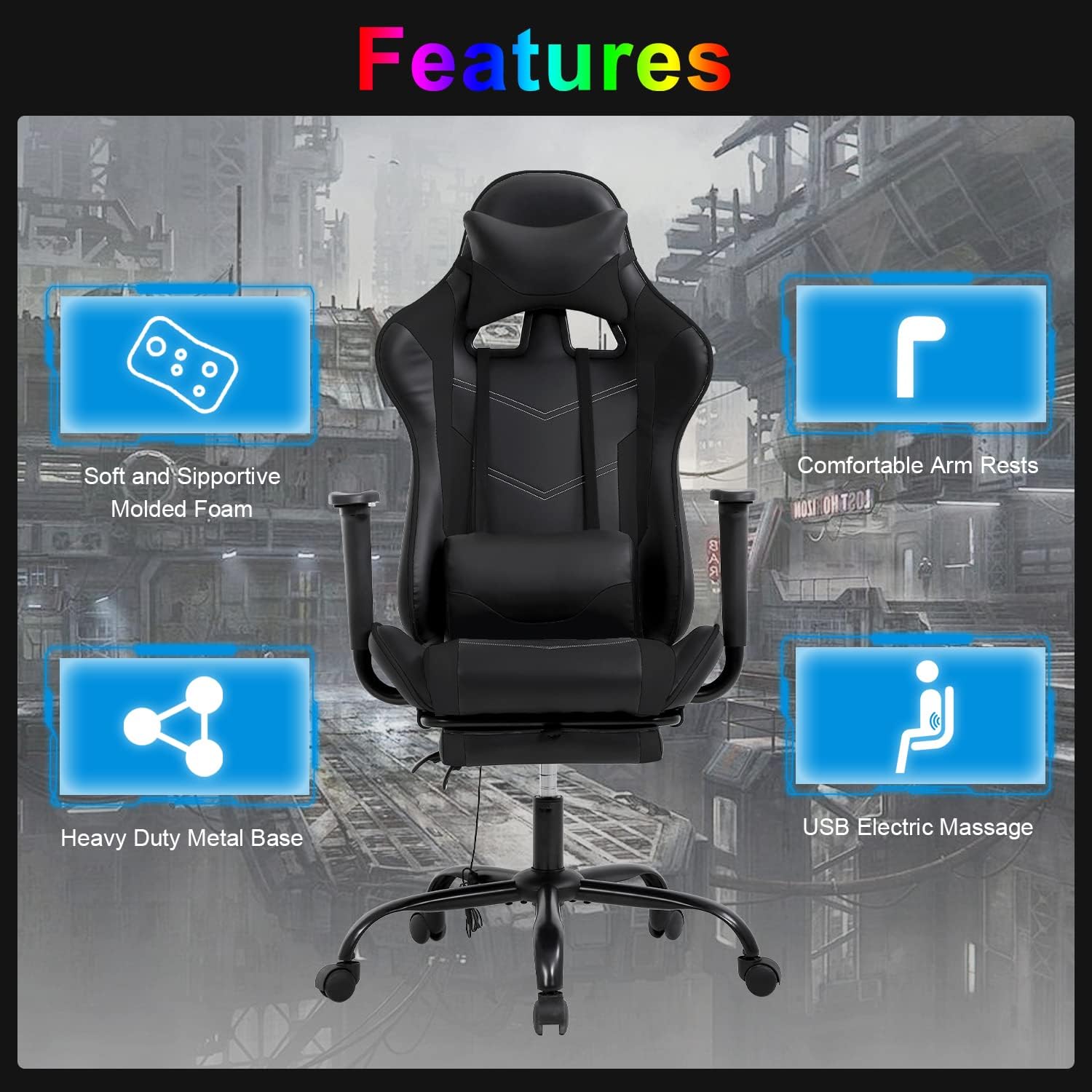 Gaming Desk Chair - High Back Computer Ergonomic Massage PC Racing Chair With Waist Support, Retractable Foot Pedal, PU Leather Recliner, Rolling Adjustable Swivel for Women Men