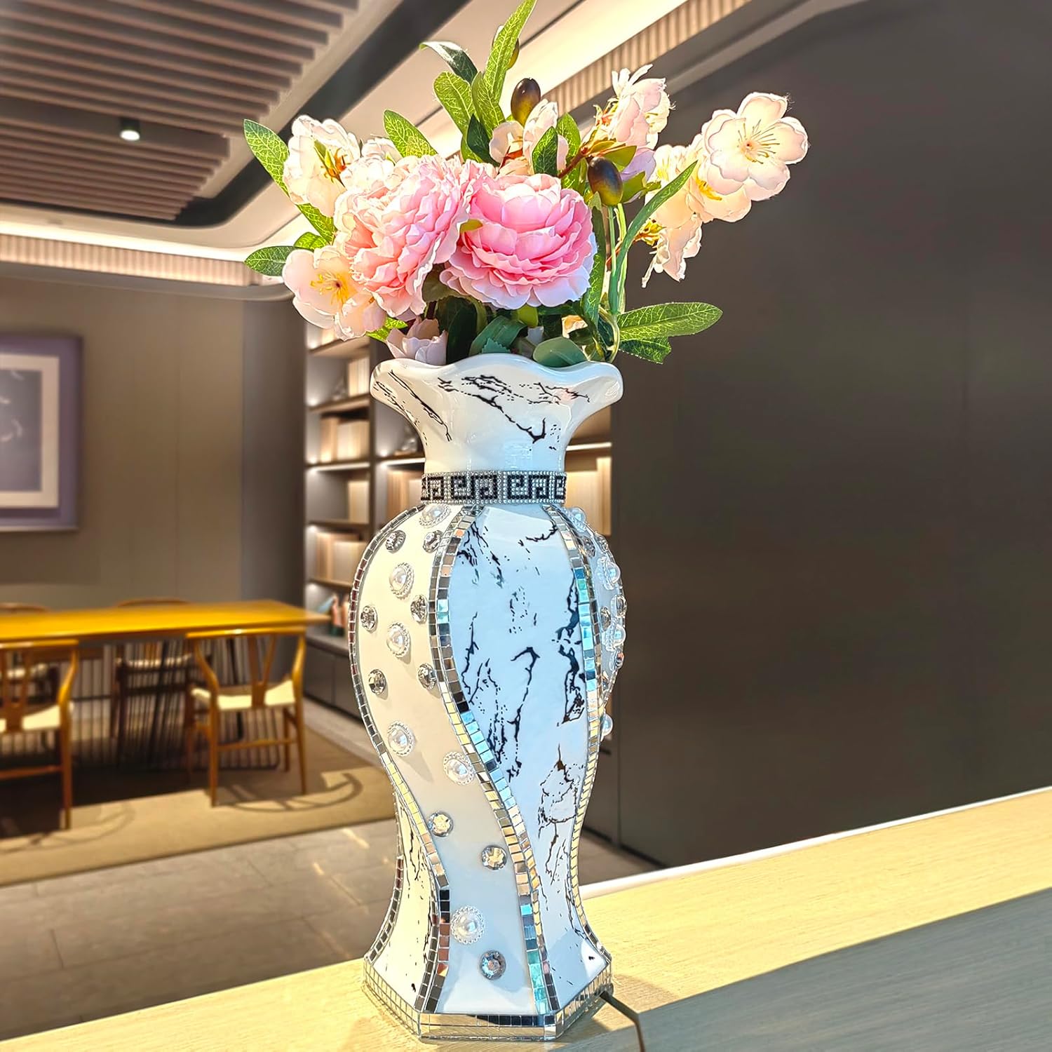 Modern Decorative Vase,Silver Flower Vase for Home Decor with Rhinestone,30 cm Luxury Ceramic Vase for Centerpiece,Living Room,Bedroom,Large Flower Vase