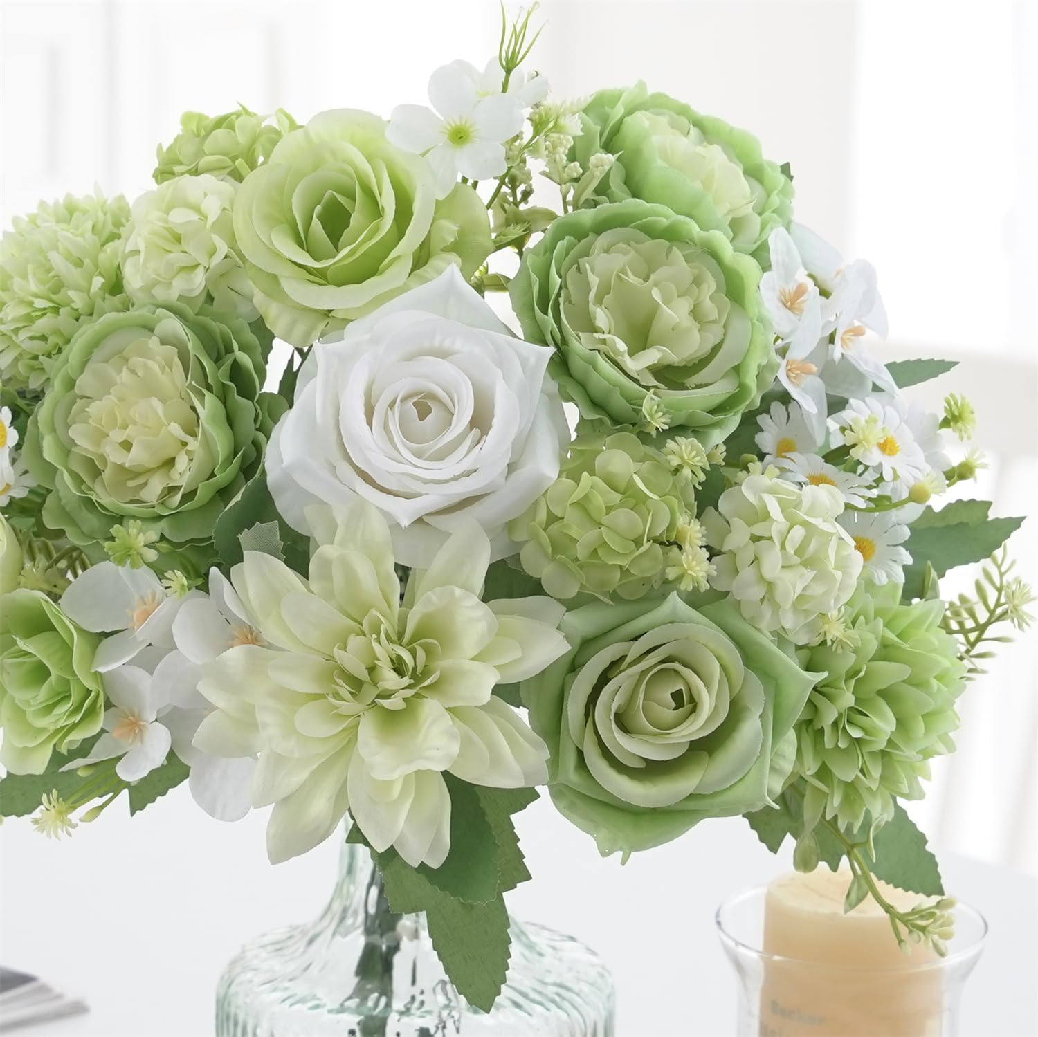 4 Pcs Mixed Artificial Flowers Set, Small Artificial Peony Bouquet Fake Rose Flower Silk Floral Arrangements for Table Centerpiece Home Wedding Party Bridal Decoration(Green, 2 Bouquets & 2 Stems)