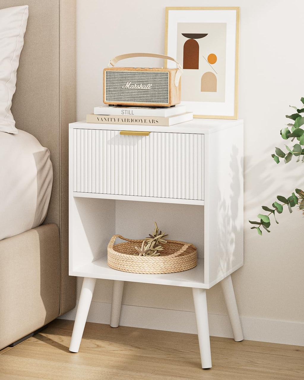 Aienvey Nightstand, Small Side Table, Bedside Table with Drawer, Modern Night Stand, End Table for Bedroom, Living Room (White Stripe)