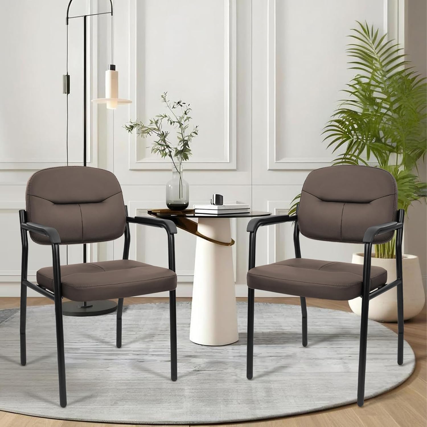 CLATINA Leather Office Guest Chair Sets of 2, Reception Chair No Wheels with Armrests and Lumber Support, Ergonomic Desk Armchair for Meeting Waiting Conference Lobby Room Shool Study, Brown