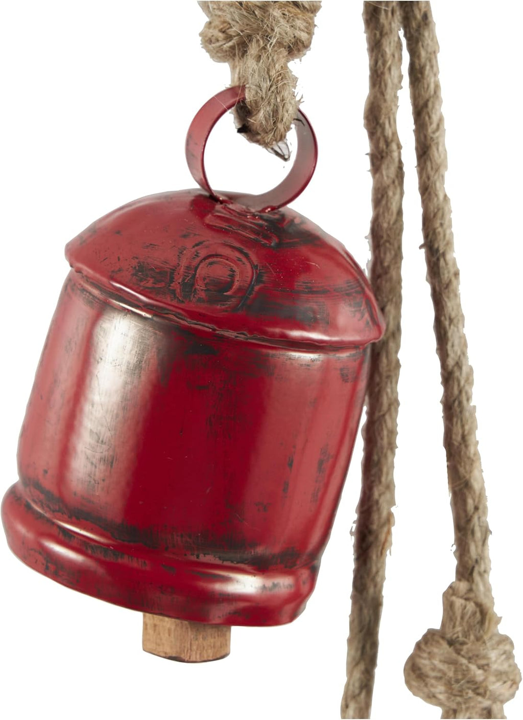 Deco 79 Metal Indoor Outdoor Decorative Cow Bells Tibetan Inspired Cascading Meditation Bell with 4 Bells on Jute Hanging Rope, Cow Bell 3" x 3" x 27", Red