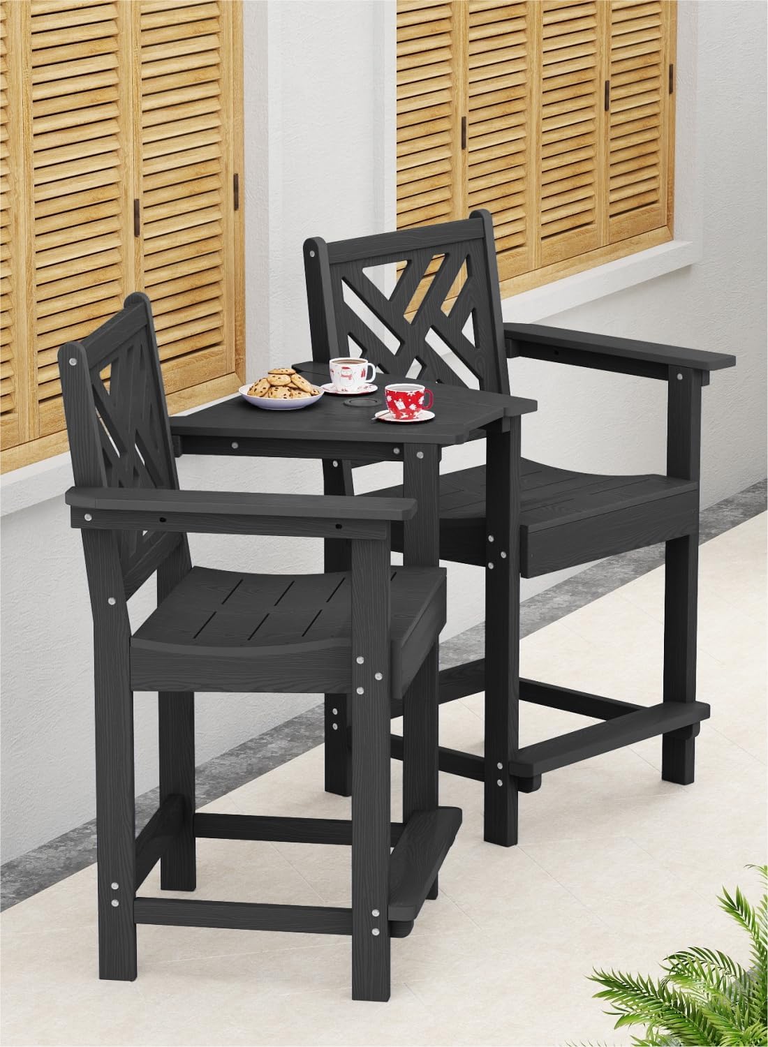 Tall Adirondack Chairs Set of 2, Outdoor 24'' Counter Height Bar Stools with Back and Arms, All-Weather HDPE Patio Tall Chairs for Balcony, Backyard, Garden, Deck (Black)