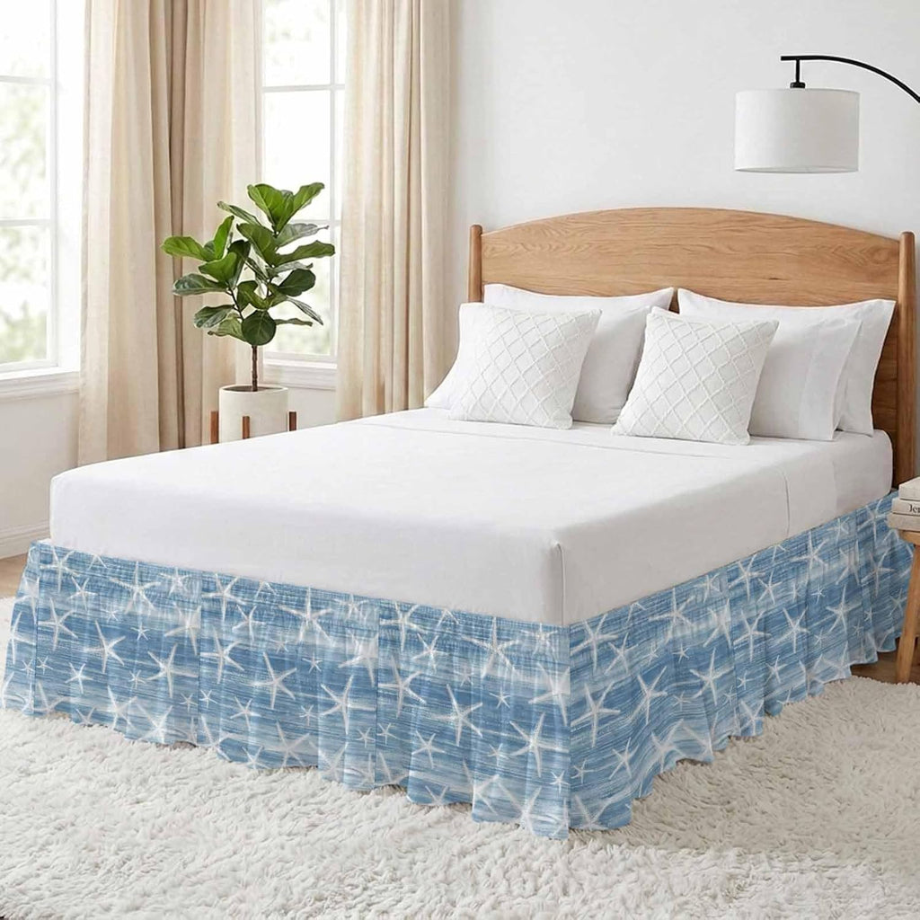 Blue Coastal Starfish Bed Skirt Queen Size 16 Inch Drop, Adjustable Elastic Bedskirt Dust Ruffle for Queen Bed, Nautical Summer Beach Ocean Wrap Around Bed Skirts Luxurious Pleated Bed Frame Cover