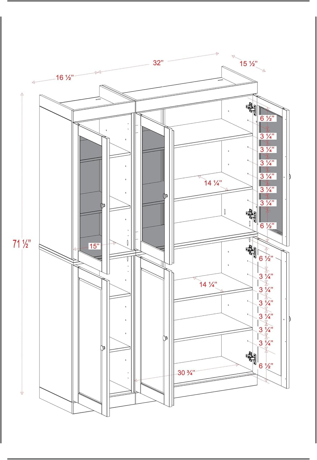Palace Imports 100% Solid Wood 48.5"" Pantry China Cabinet with Raised Panel, Frosted Glass Doors and Adjustable Shelves