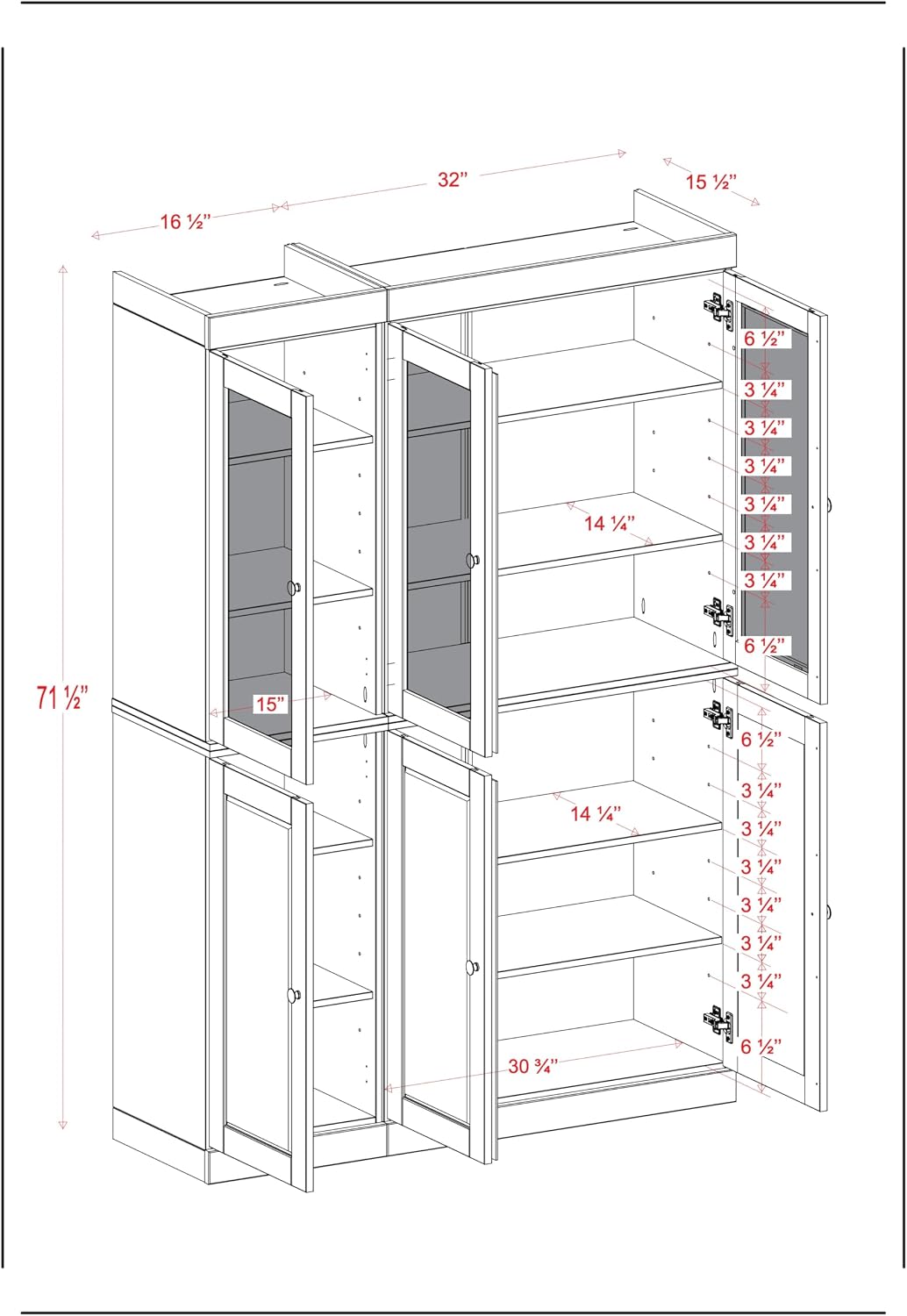 Palace Imports 100% Solid Wood 48.5"" Pantry China Cabinet with Raised Panel, Frosted Glass Doors and Adjustable Shelves