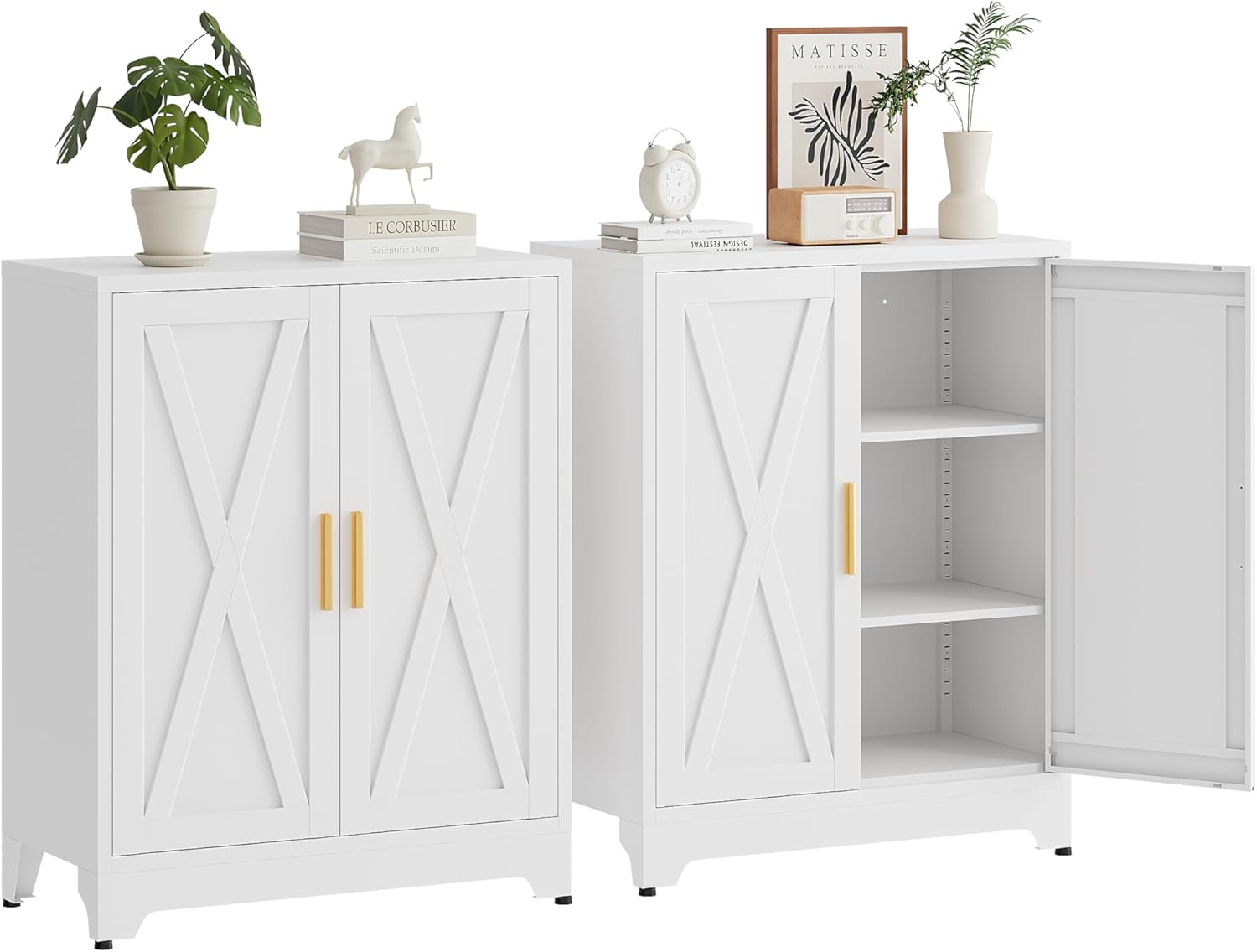 Metal Buffet Cabinet with Storage, 39.3''H Sideboard Cabinet with Doors, Modern White Coffee Bar with Storage&2 Adjustable Shelves, for Kitchen, Living Room, Entryway