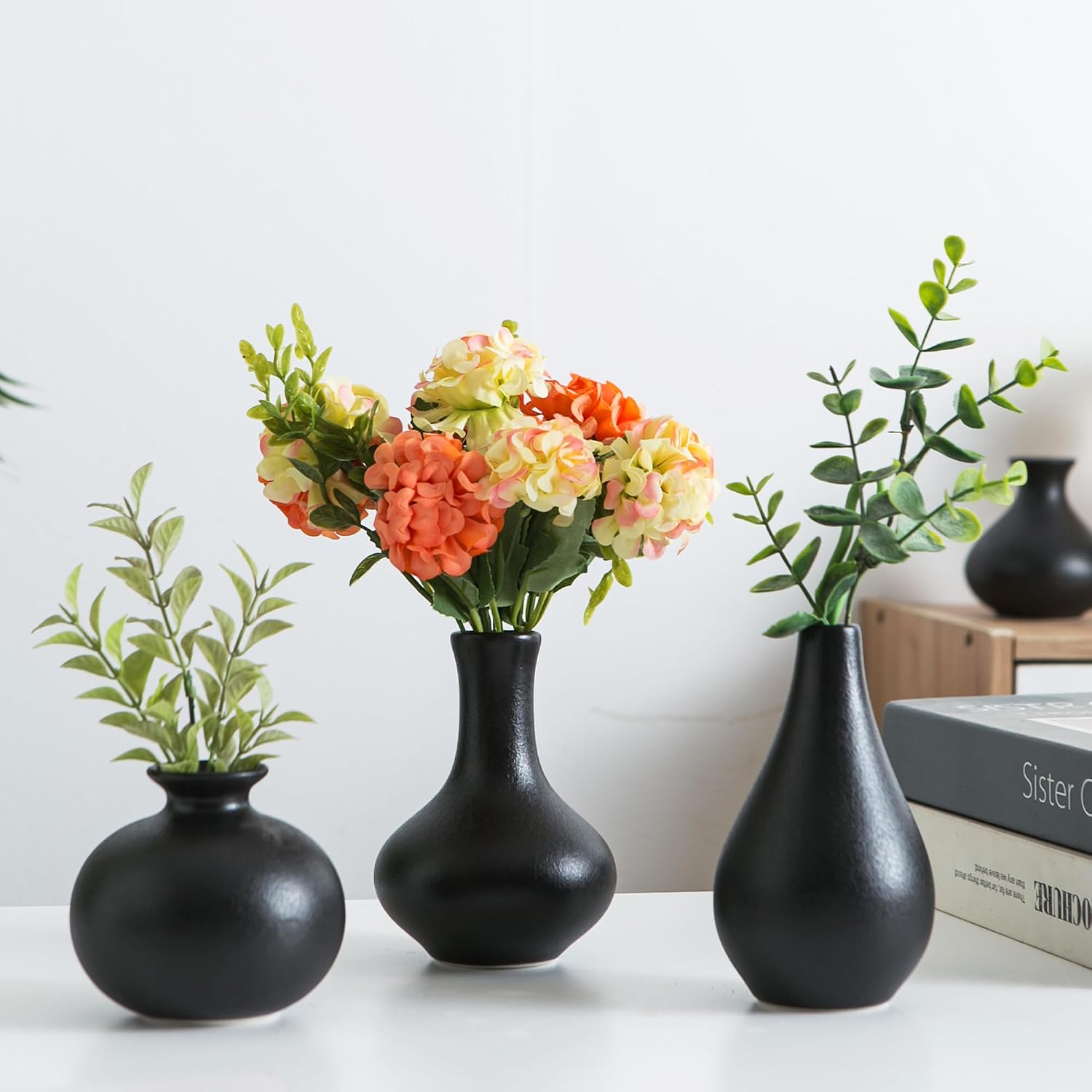 Small Ceramic Vase Set of 5, Black Bud Vase with Boho Decorative Design for Fireplace, Entryway & Living Room Centerpiece