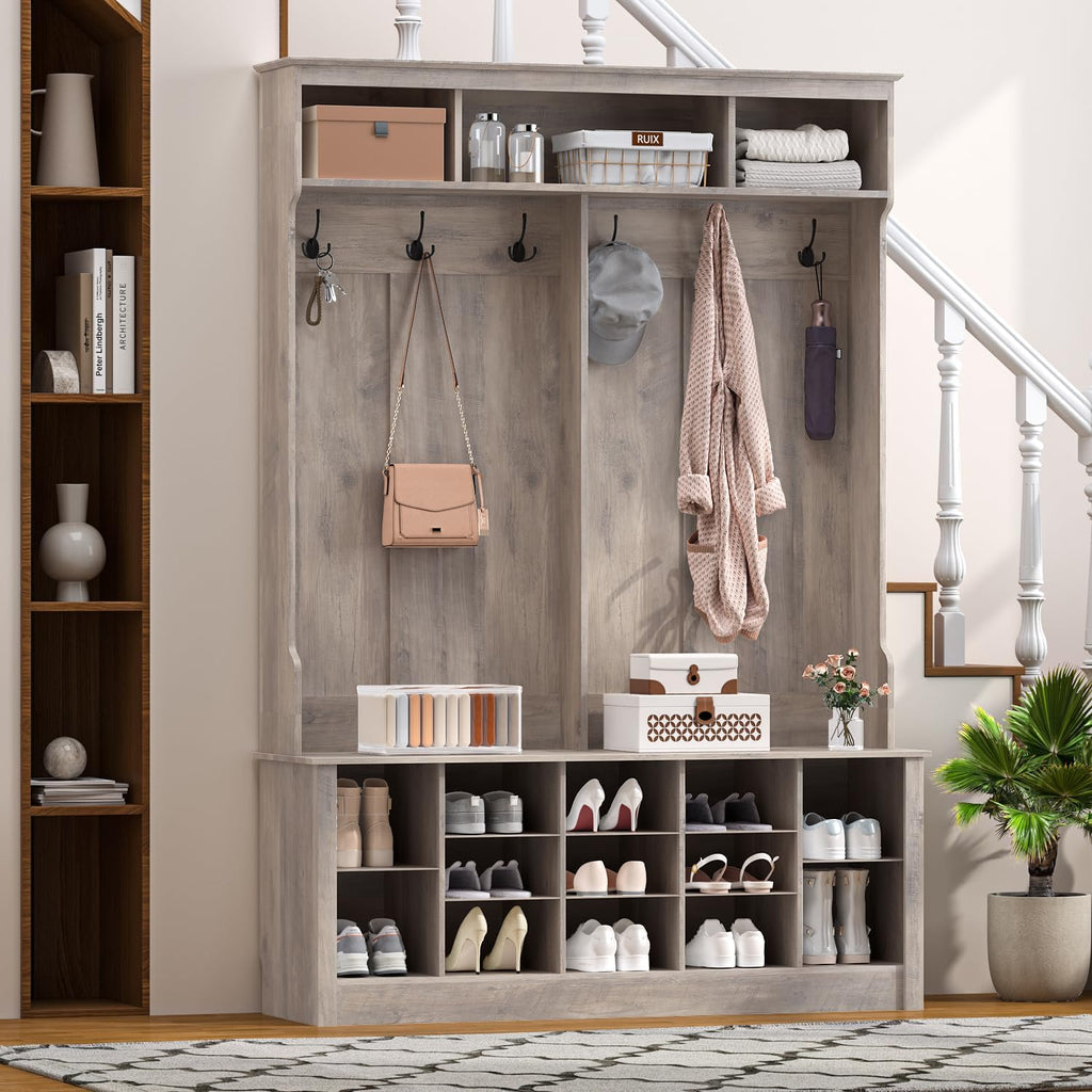Wodeer Hall Tree with Bench and Shoe Storage, 53" Farmhouse 4-in-1 Mudroom Storage Organizer with Coat Rack, 6 Hooks, 12 Shoe Cubbies, Adjustable Shelf, for Entryway, Hallway, Living Room, Grey
