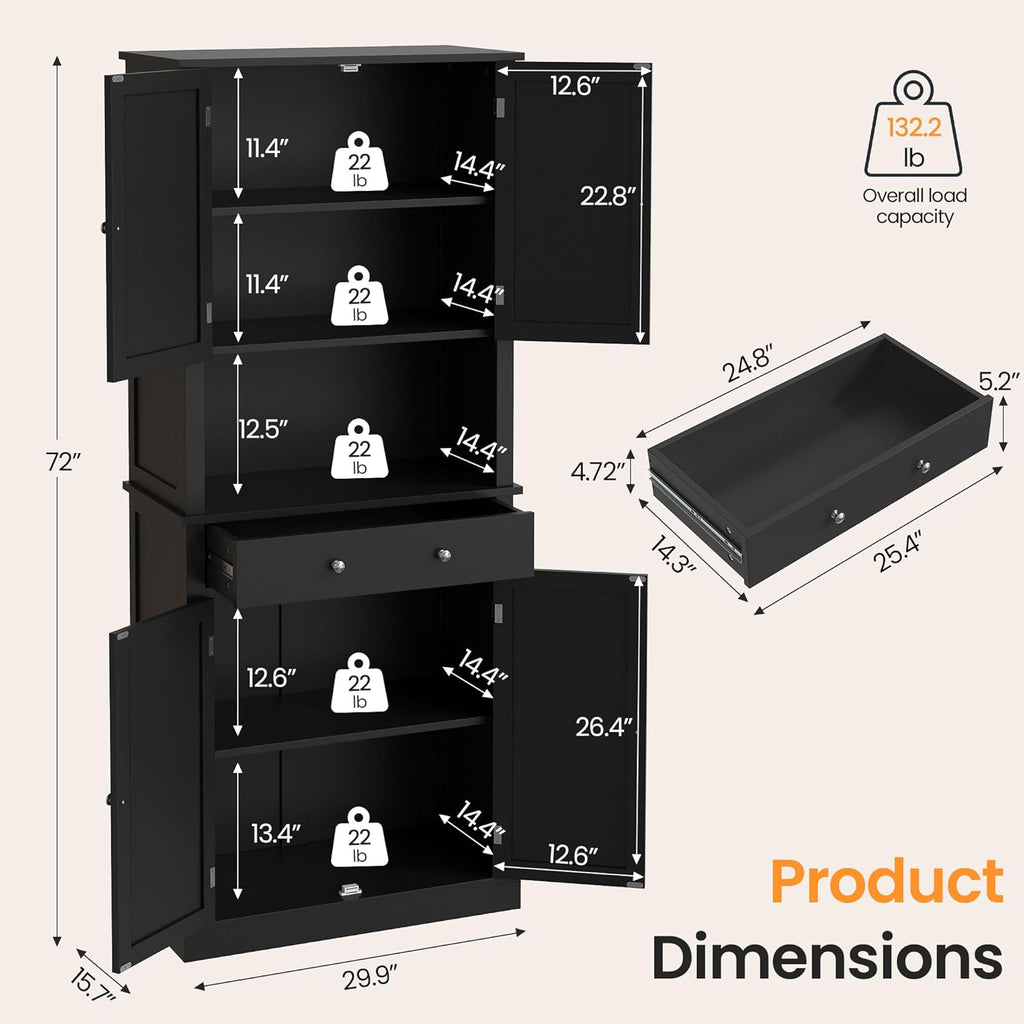 Apicizon 71’’ Tall Kitchen Pantry Storage Cabinet, Modern Kitchen Hutch Bar Cabinet with Microwave Stand & 3 Adjustable Shelves, Cupboard with Deep Drawer, Wood Buffet Sideboard for Dining Room, Black