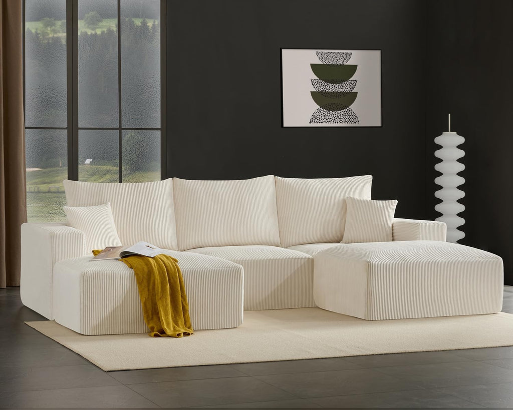 Gericco 113" Modular Sectional Couch, Cloud Boneless Sofa with Deep Seats, Upholstered Corduroy U-Shaped Sleeper Sofa with Chaise, 3-Seater Couches for Living Room, No Assembly Required, Beige