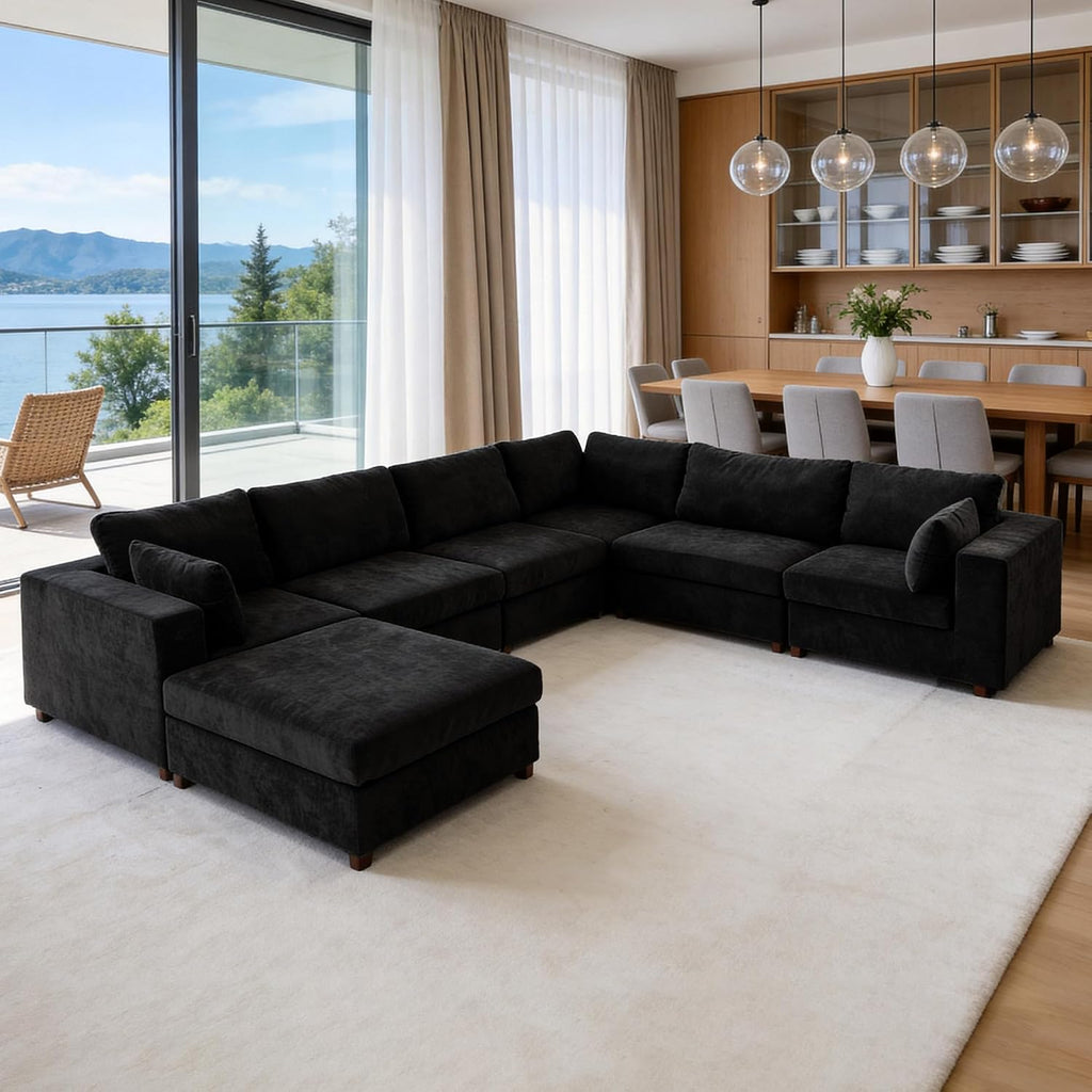 Oversized Sectional Sofa Set, Extra Large Modular Couch with Ottoman, Premium Linen Cloud Couch Deep Seat Sofa Cushion Covers Removable for Living Room (6 Seater+1 Ottoman Black)