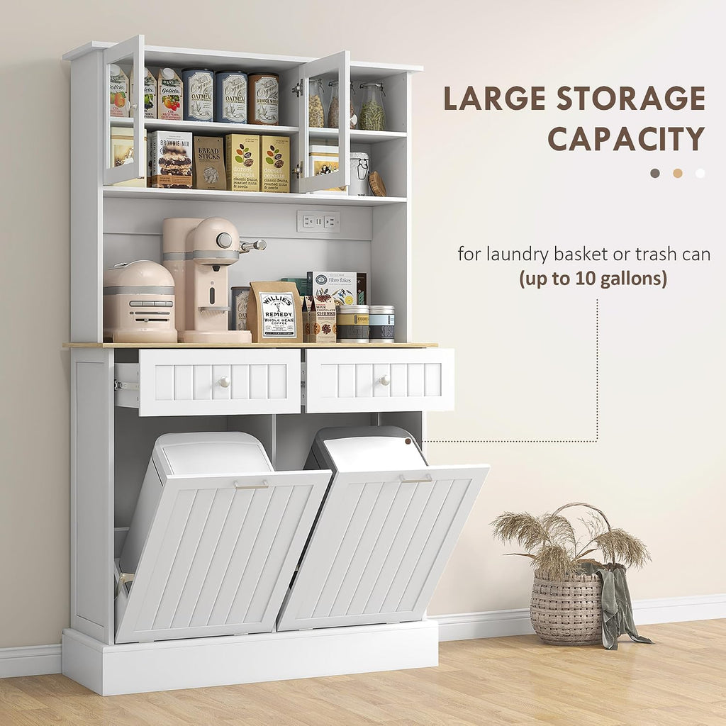 68" Kitchen Pantry, Freestanding Storage Cabinet with Charging Station, Microwave Stand, Glass Doors and Adjustable Shelf, White, Easy to Maintain, for Dining Room