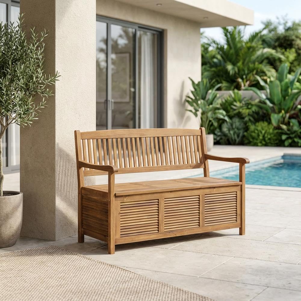 Brown Storage Bench with Acacia Wood, Galvanized Steel Hardware, Oil Finish, 50 Inches Wide, Durable and Weather-Resistant Outdoor Furniture