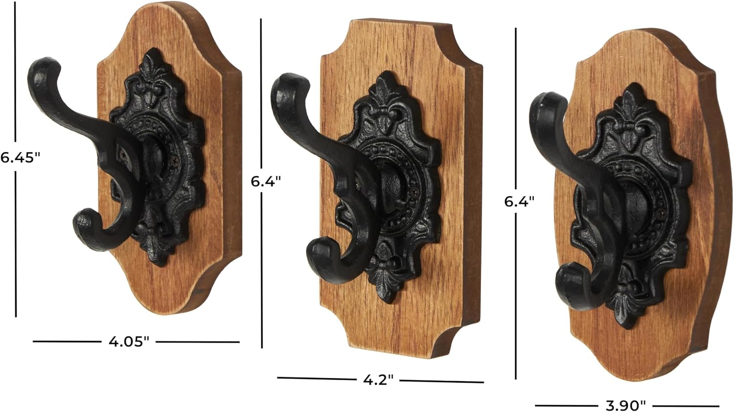 Deco 79 Wooden Fleur De Lis Vintage Inspired Wall Hook with Black Metal Hooks and Curved Edges, Set of 3 4" W, 6" H, Brown