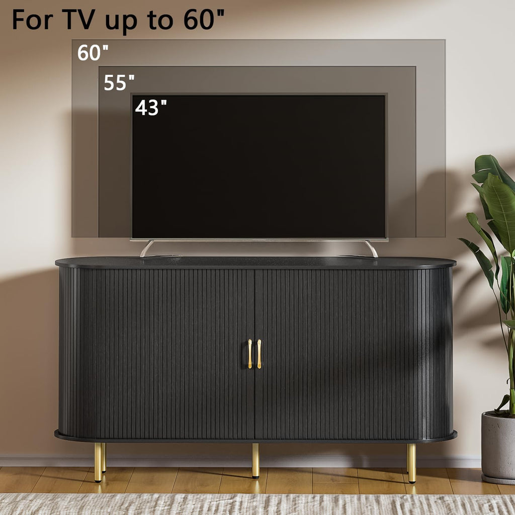 TAVATA Sideboard Buffet Cabinet with Storage, 55" Fluted Storage Cabinet with Tambour Sliding Doors, Wood Coffee Bar Console Table for Living Room Hallway Entryway (Black)