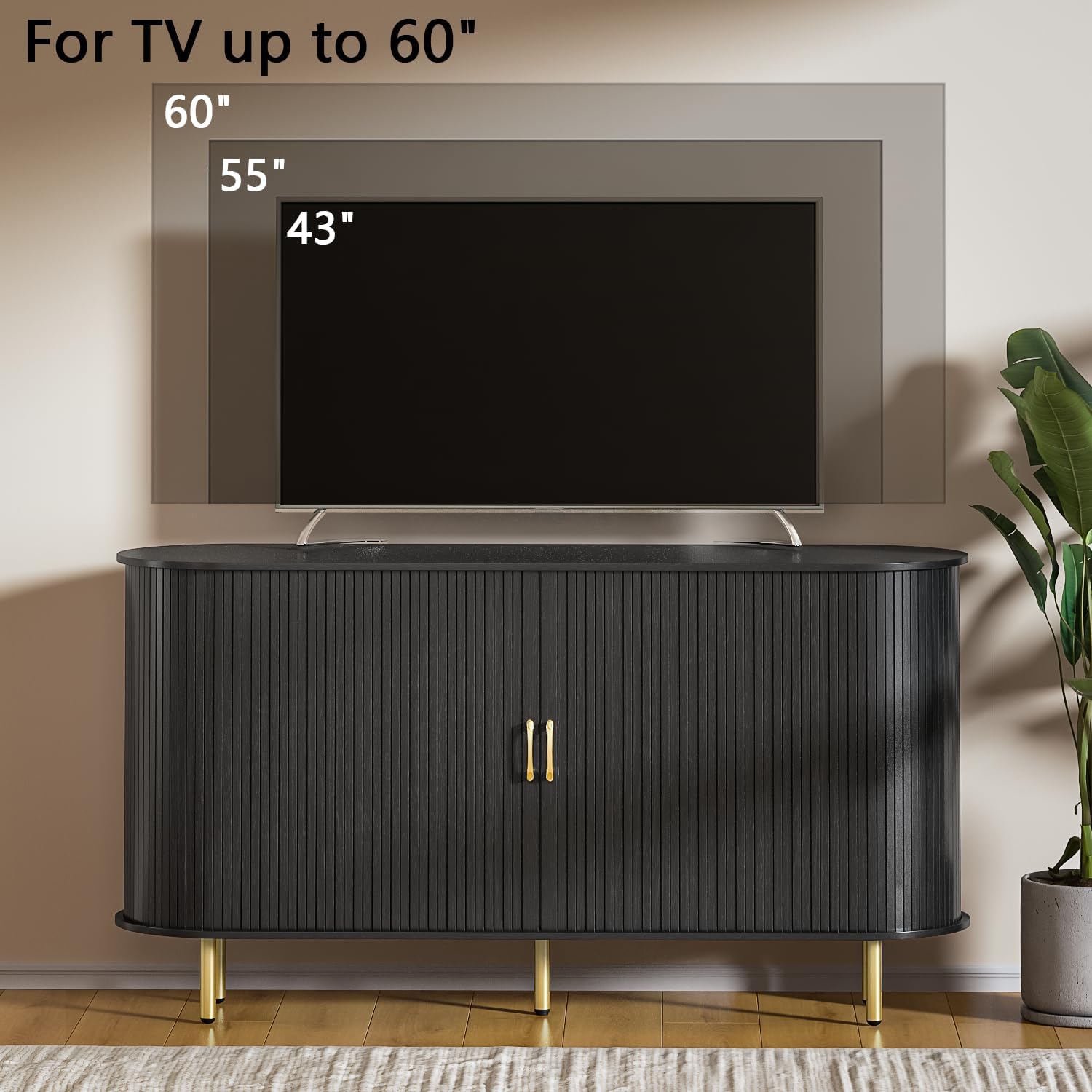 TAVATA Sideboard Buffet Cabinet with Storage, 55" Fluted Storage Cabinet with Tambour Sliding Doors, Wood Coffee Bar Console Table for Living Room Hallway Entryway (Black)